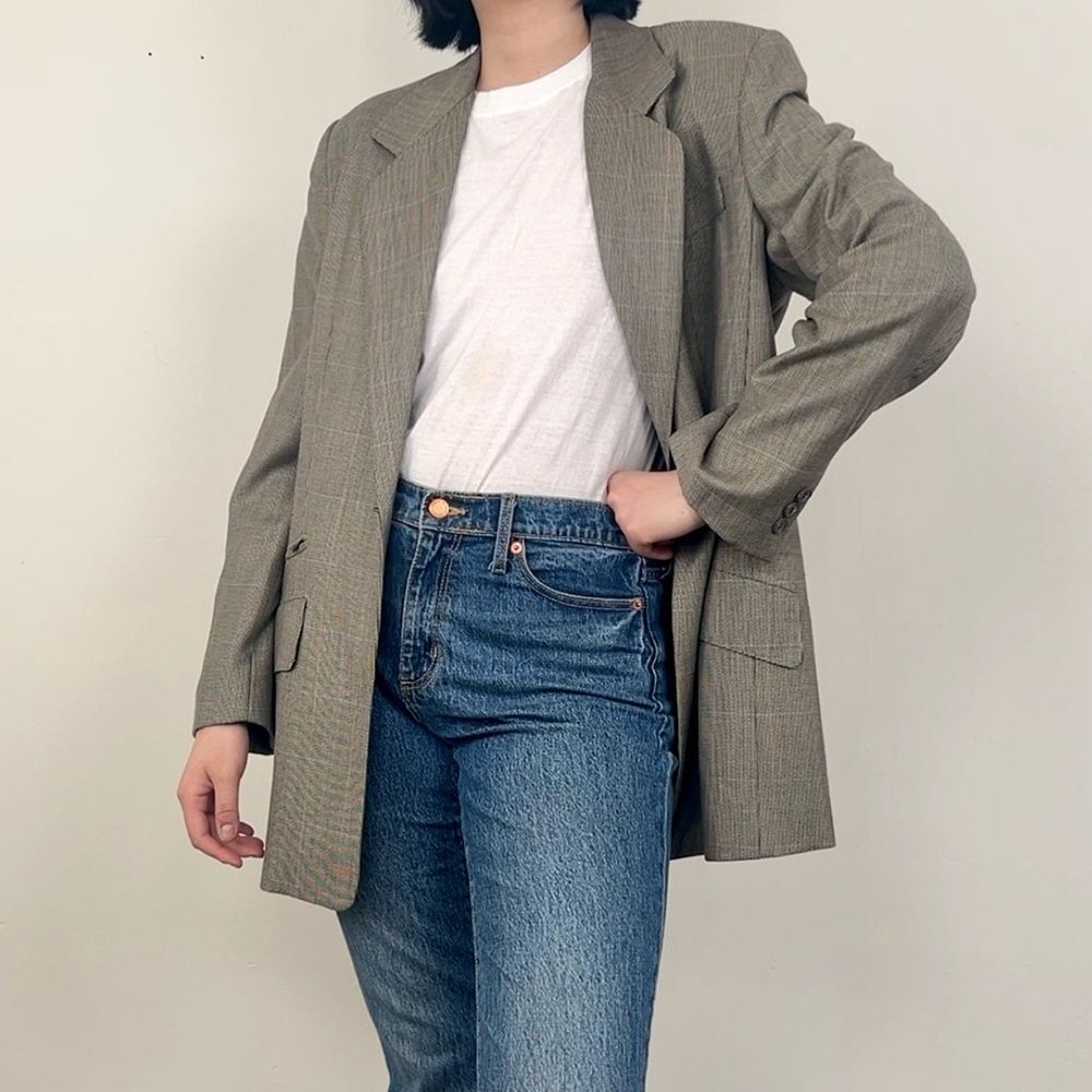 Vintage Burberry Plaid Tan Grey Wool Silk Blazer